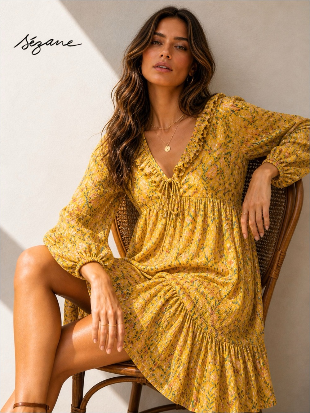 SEZANE Vintage Yellow Floral Tie-Front Ruffle Long Sleeve Dress Sz:38